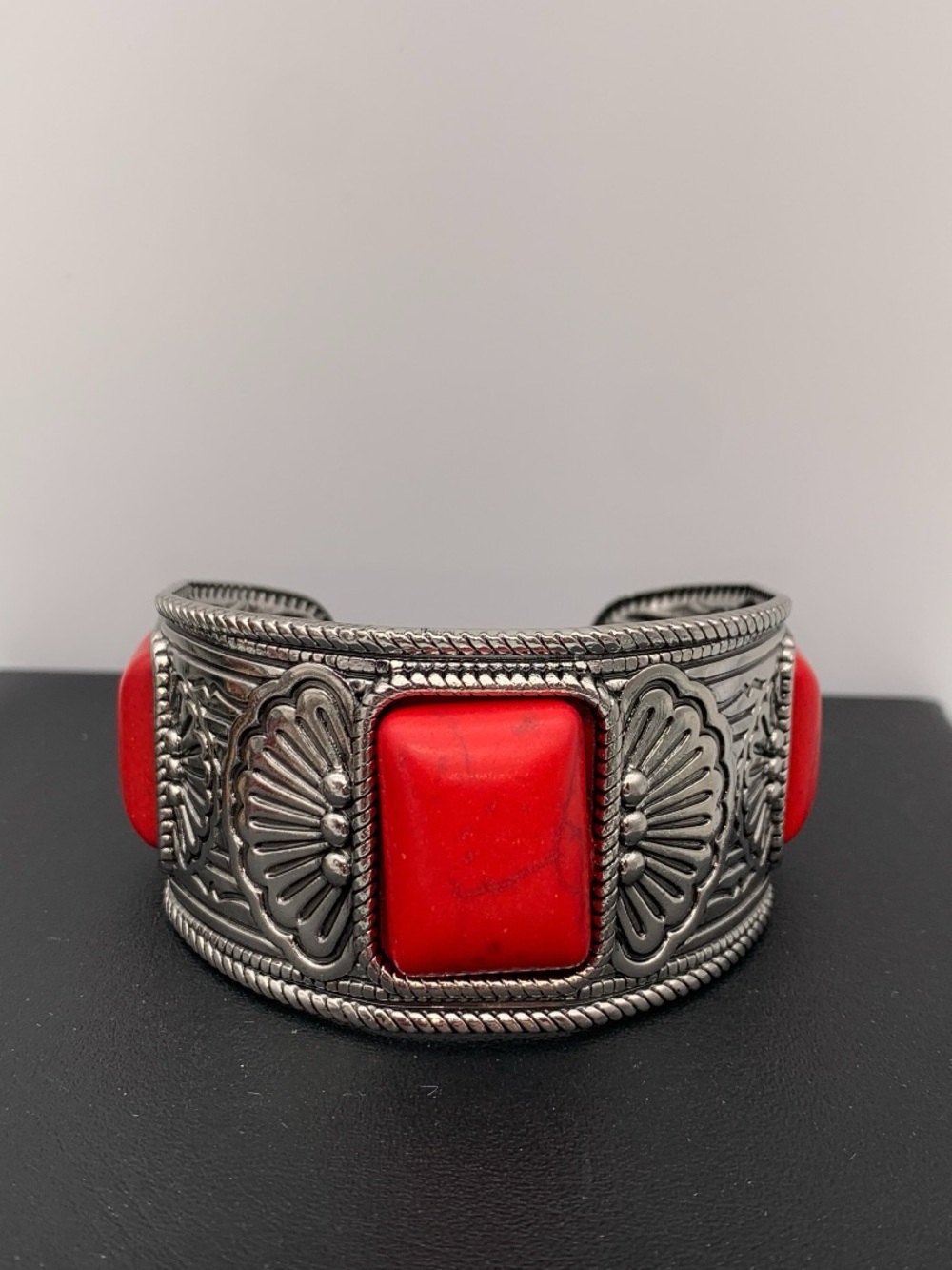 Red faux Stone Silver-Tone western / southwestern Statement Cuff Bracelet